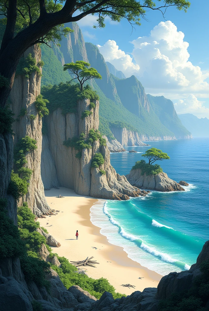 A beach seen from a cliff with many trees