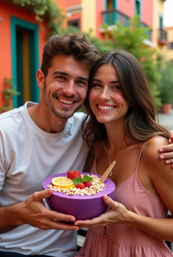 Realistic Man and Girlfriend 25-35 years old, In Mexico eating açaí in a bowl , ultra HD, high qualiy, best qualityer, high resolution, 8k, 16K