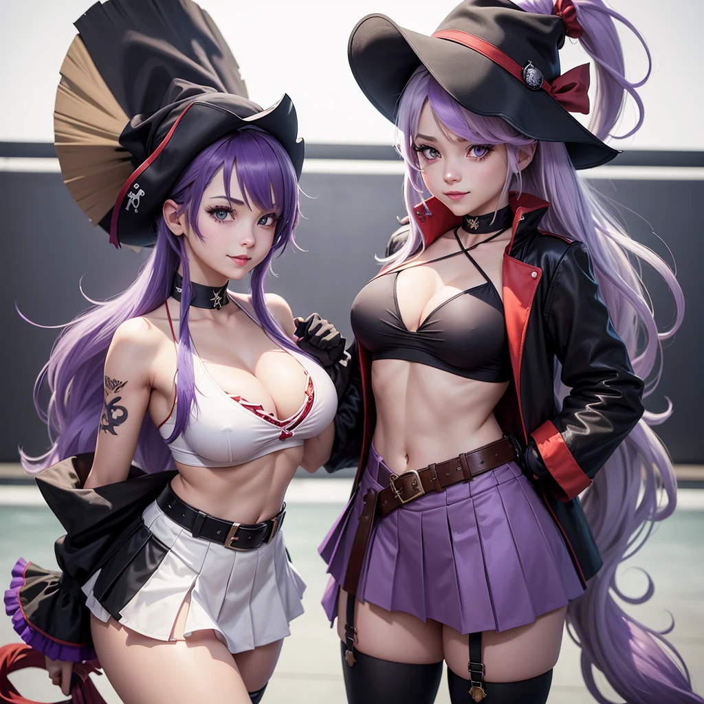 two female cosplays , one wearing a costume and hat the other wearing a costume and skirt ,shylily ,virtual youtuber,((shylily)), multiple girls ,2girls , red_hair, red_eyes,((houshou marine)), twintails, long_hair, large_breasts, miniskirt, pleated_skirt, red_skirt, black_thighhighs, black_choker, frilled_choker, black_coat, red_coat, two-sided_fabric, brown belt, white gloves, leotard_under_clothes, cropped_jacket, red_ascot, hair_ribbon, red_ribbon, sleeveless_jacket, sleeves_past_wrists, cleavage,(1 hat) , pirate_hat, black_hat, eyepatch ,cetacean tail, virtual youtuber, fish tail, tail, heart ahoge, long hair, multicolored hair, (tattoo), (streaked hair white), see-through, (purple eyes), (purple hair), large breasts, see-through shirt, navel, swimsuit, cleavage, bikini, (bikini under clothes), transparent school outfit, skirt blue ,white background , Maximum detailed details, Maximum developed textures, Maximum developed shadows, Maximum detailed backgrounds, upper body , (smiling) ,