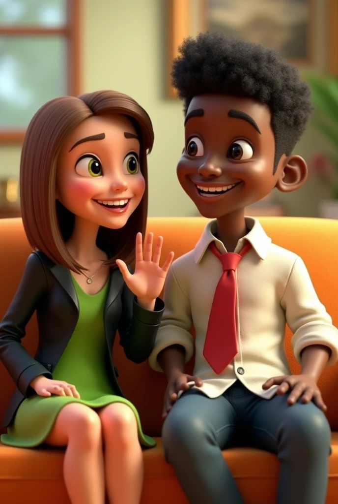 1. **Personagens:**
- **Person on the left:** Draw a female character with straight brown hair, white ethnicity, wearing a black jacket and a green dress. Give her a cheerful look and a friendly pose, perhaps with a raised waving hand.
- **Person on the right:** Draw a male character with curly hair, black ethnicity, wearing a white shirt and a red tie. He may be smiling and looking at the character on the left., maybe with your hands in your pockets.
they are sitting on a couch smoking marijuana 3d drawing, Disney type