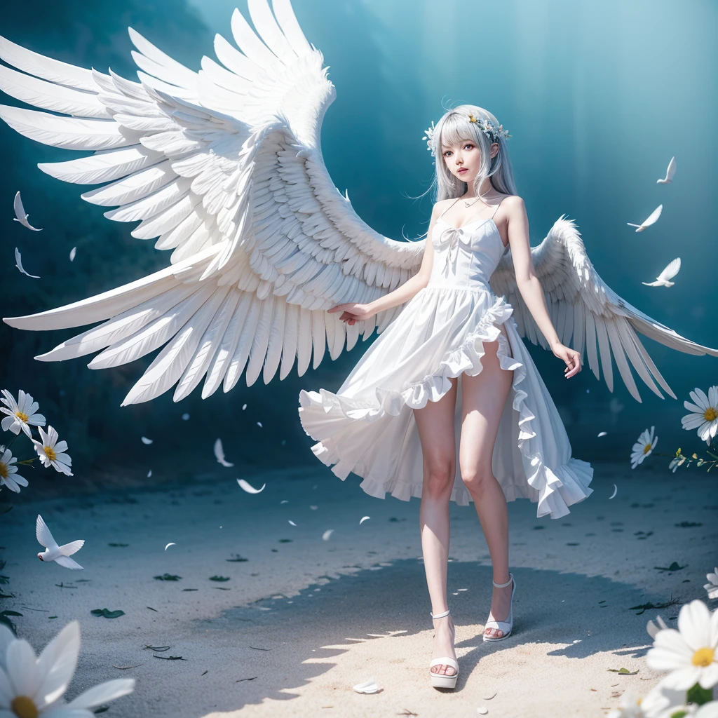 A white bird, made of petals, long wings, anime style