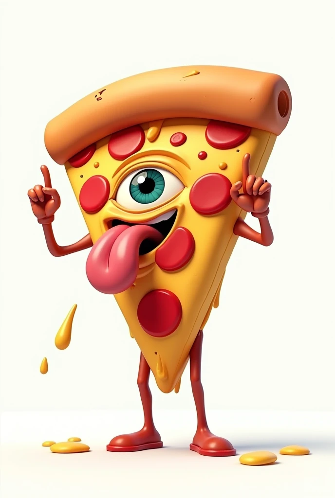 **Slice of CARTOON STYLE animated pizza with a very serene appearance, WITHOUT A MOUTH OR SMILE, just one eye in the center of an inverted triangle with the main vertex pointing up, sticking out a long tongue in a rock style similar to the Rolling Stones logo, with melted cheese. The triangular slice resembles the Illuminati symbol, and in one hand, it is clearly making the "rock horns" or "maloik" gesture.** It looks like a cartoon with a pin-up style, with amazing 4k quality colors, a white background, and well-cast shadows where they need to be. Let it be a standing pepperoni pizza, with melted cheese.