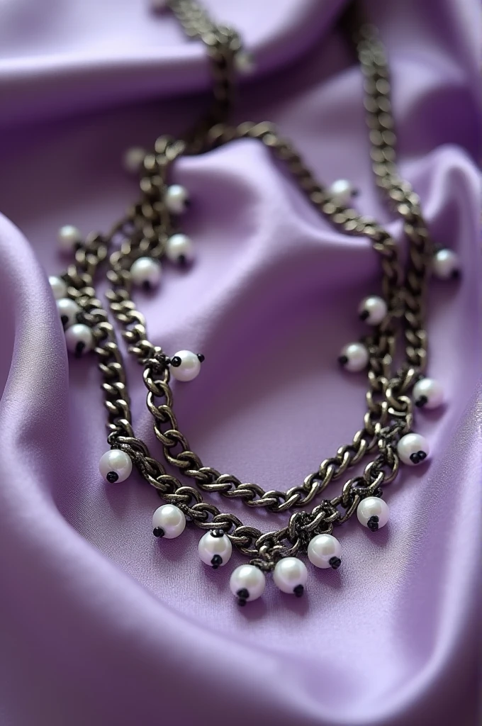 A bright fabric in soft purple, black and white with a necklace of small pearls and chains on top of 3d smaller pearls and more chain