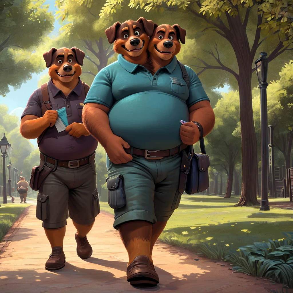 solo, bernese mountain dog, twins, 60 year old, three identical heads attached to the same body, bernese mountain dog ears, brown and black and white fur, bald, masculine, three necks, (manly eyes), adult, male, (stylized 3d, by disney, by rembrandt), by pixar:1.1, by dramamine, (overweight, fat, obese), dadbod, bald, beards, stubble, park background, (cargo shorts, polo, belt, fanny pack), correct hands, correct anatomy, (ultradetailed, best quality, detailed masterpiece, highly detailed masterpiece, 4k, professional cartoon:1.7), (natural pose, walking, holding mailbag:1.3)