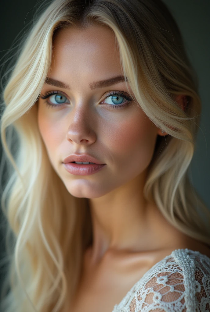 Blonde woman with blue eyes