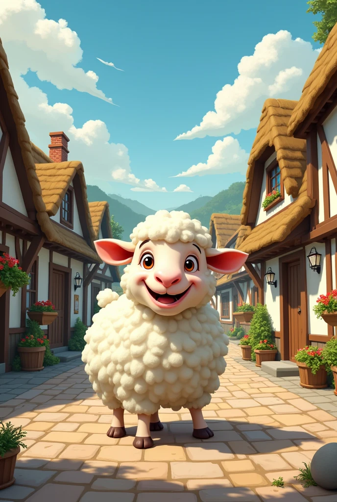 A pesky sheep in the middle of a village, 2D character with front light, vectorial