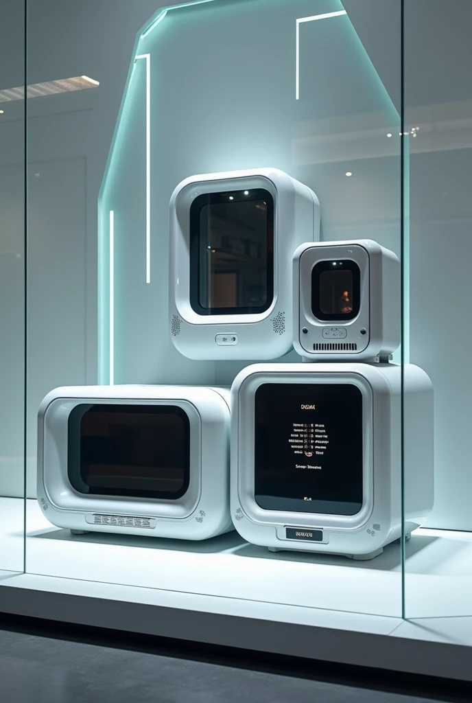 A store window selling futuristic microwaves
