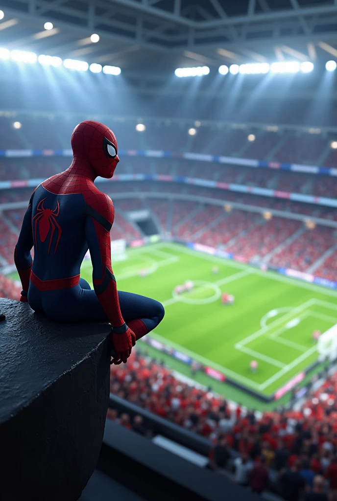 Spiderman sitting on top of a football stadium watching a football game