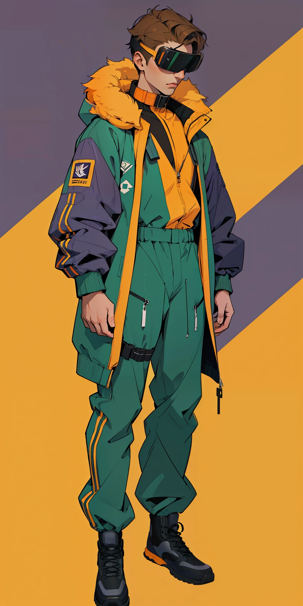 full body image, (ultra detailed,ultra high resolution,detailed background),((2d)),((flat color)),((dull color)), 1SOLO, looking at the viewer, baggy flight suit, oversized bomber jacket with sheepskin collar, (yellow, violet, cian, green, orange:1.3), plush collar, full body image, use VR glasses, ((Baron&#39;s Desert Intricut Fund)), ((apocalyptic city)), full body in frame, ((drone next to you))
