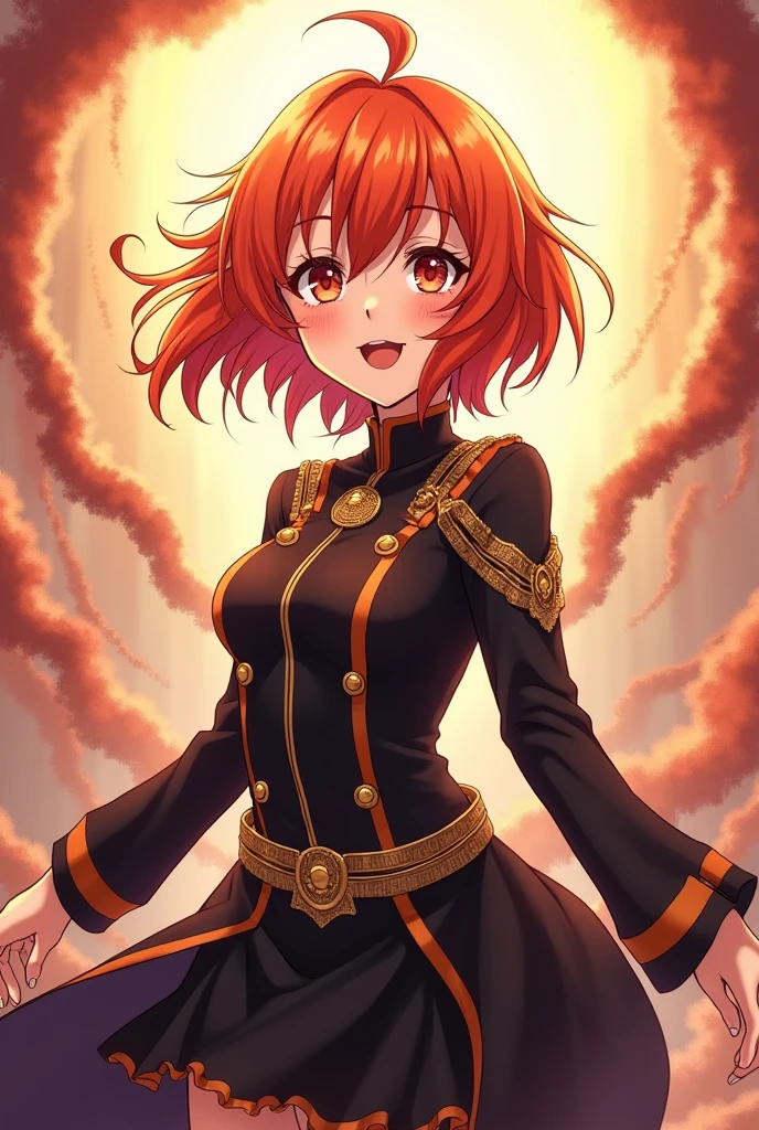 Create an 18 year old anime character with orange hair and a super cute face with a Shinigami Bleach or Soul Reaper outfit, make it very detailed