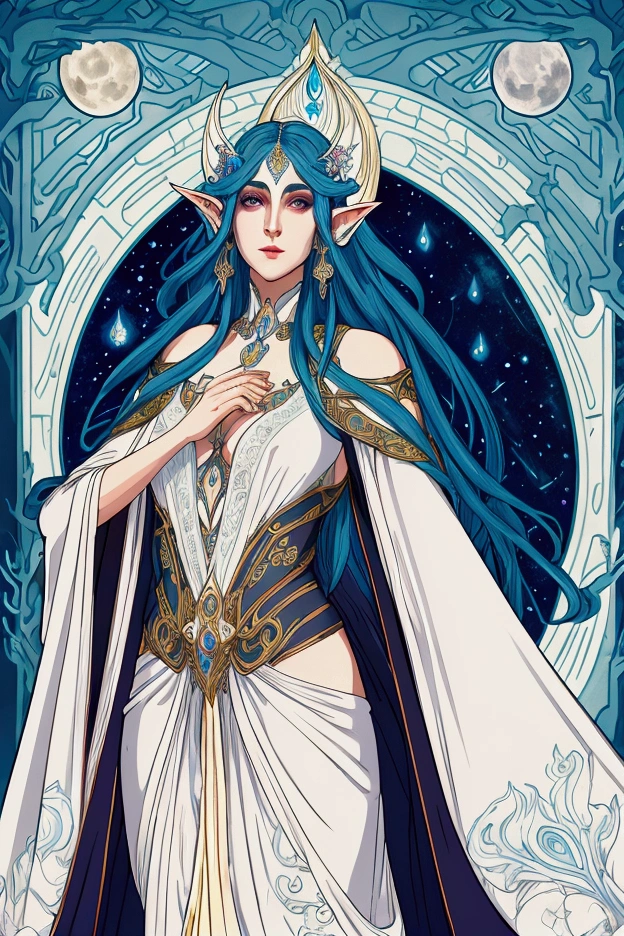 A beautiful moon elf, in an art nouveau pose, wearing sexy robes, detailed face and eyes, realistic, illustration, ultra-detailed, masterpiece, 8k, vibrant colors, dramatic lighting