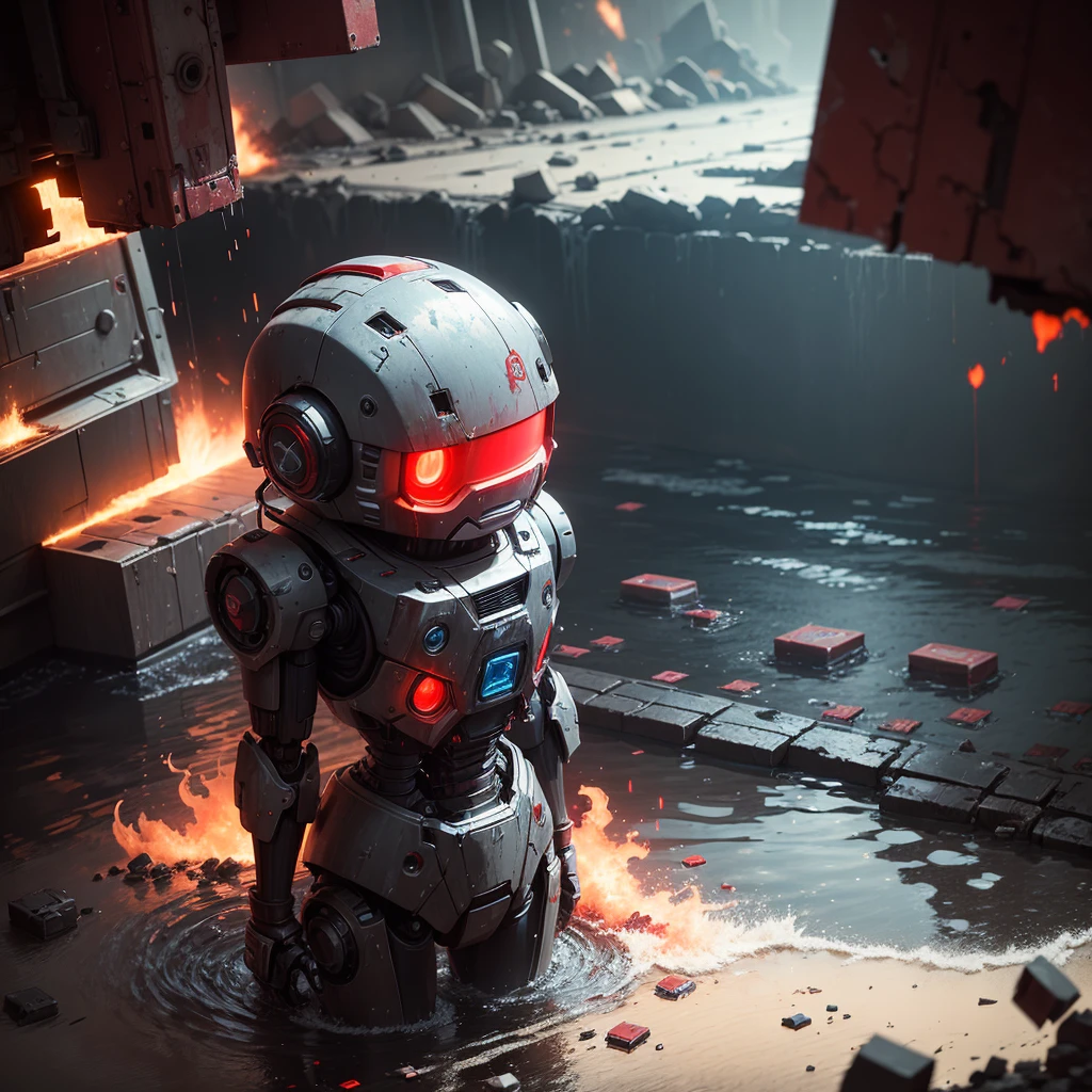 A broken robot, with a dark red light in the explosion, full of memory fragments, tin, and leisure, a confused mind, everything broken water running down like cloud coffins