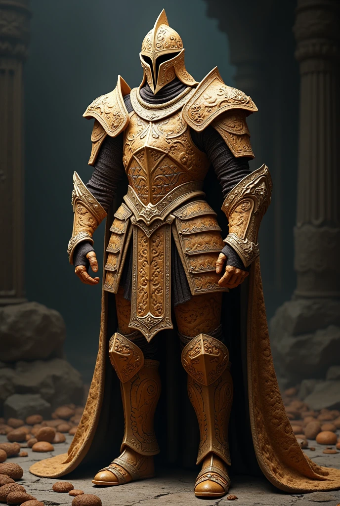 A complete suit of armor made entirely out of cookies. The armor is a medieval style of dark souls elegant and is made up of cookies. armor with high movility
