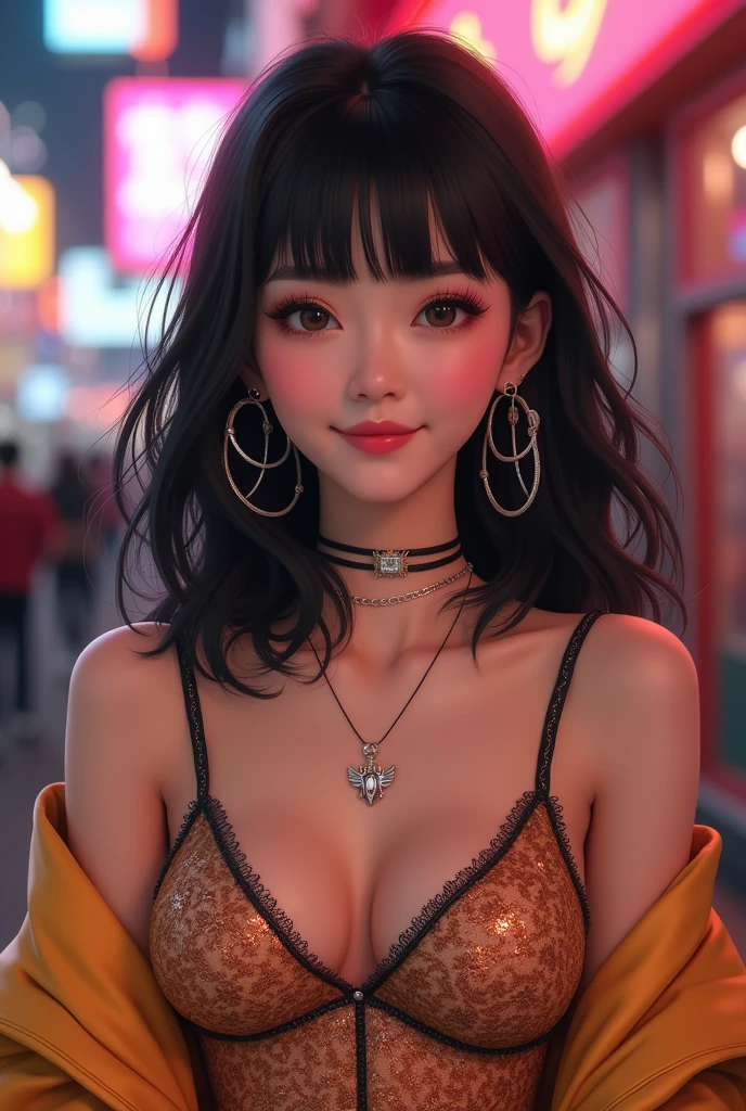 Create a scene featuring a 19-year-old Korean woman with a youthful appearance. She has straight black hair that reaches her shoulders, with a blunt fringe that covers her forehead. Her skin is fair, and she has a softly rounded face with delicate features. Her eyes are large and dark, with thin, well-defined eyebrows, and she has a gentle smile on her lips. She is dressed like a popstar, wearing stylish and glamorous clothing that highlights her vibrant and energetic personality.