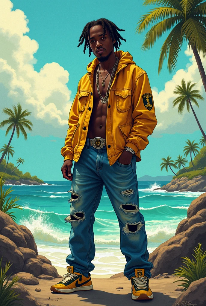 Full color drawing of Jamaica Hip Hop, Hip Hop, Hip Hop, Hip Hop, Loose Jeans, Rap (((Graffiti Art) (author:Karen Griffiths))), On the sea background, Crazy details, Intricate details, Ultra Detail , Low contrast, Movie Soft Light, Exposure Blending, HDR, front