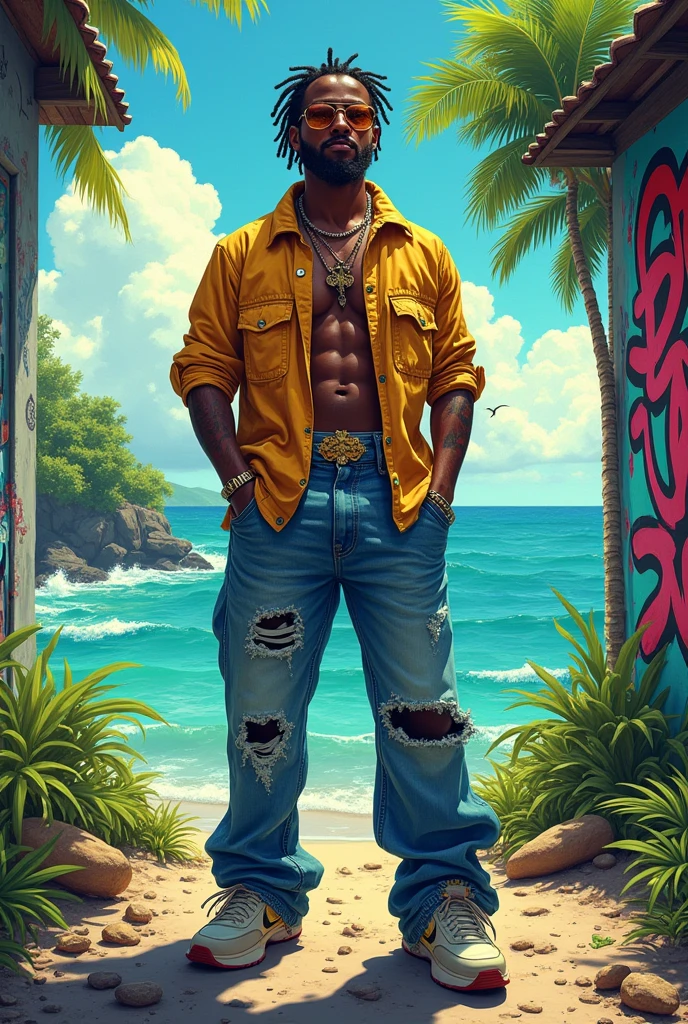 Full color drawing of Jamaica Hip Hop, Hip Hop, Hip Hop, Hip Hop, Loose Jeans, Rap (((Graffiti Art) (author:Karen Griffiths))), On the sea background, Crazy details, Intricate details, Ultra Detail , Low contrast, Movie Soft Light, Exposure Blending, HDR, front