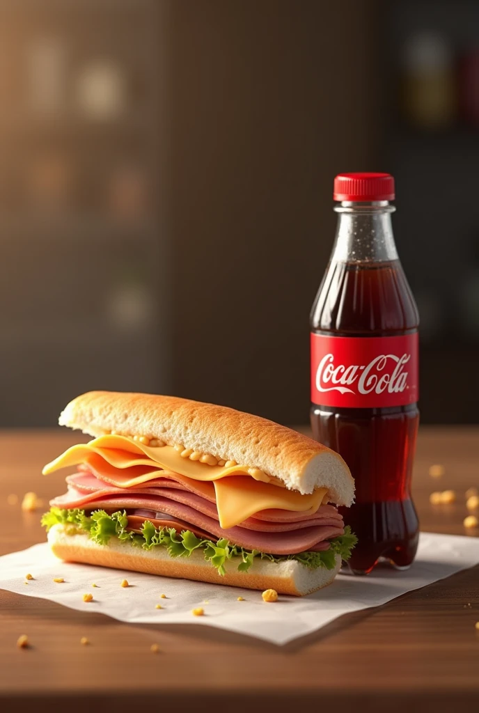 (photorealism:1.2), Craving ham and cheese sandwich with a Coca-Cola in a small plastic bottle very realistic realistic realistic to promote without hands or anything in 16:9