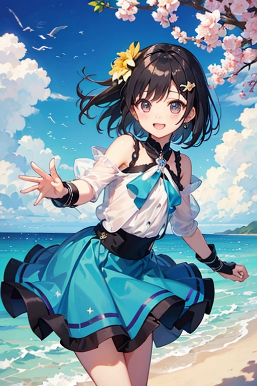 Highest quality、Black Hair、Iris、short hair、、cute、、、Small hair ornament、1 person、Sea of stars、stroll、A happy look、