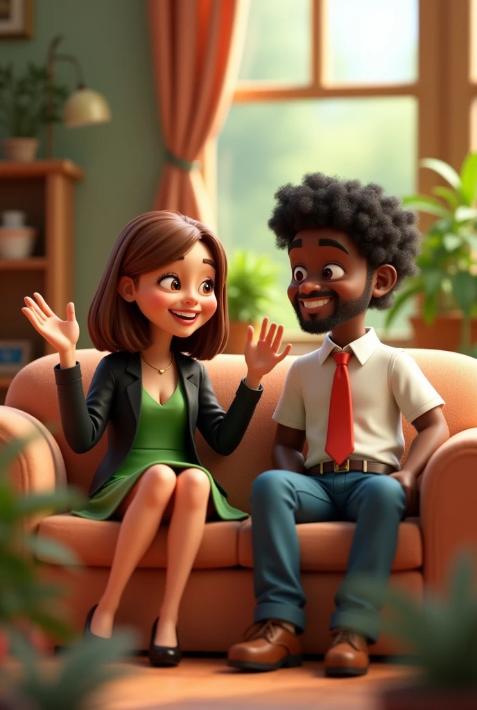 1. **Personagens:**
- **Person on the left:** Draw a female character with straight brown hair, white ethnicity, wearing a black jacket and a green dress. Give her a cheerful look and a friendly pose, perhaps with a raised waving hand.
- **Person on the right:** Draw a male character with curly hair, black ethnicity, wearing a white shirt and a red tie. He may be smiling and looking at the character on the left., maybe with your hands in your pockets.
they are sitting on a couch smoking marijuana 3d drawing, Disney type