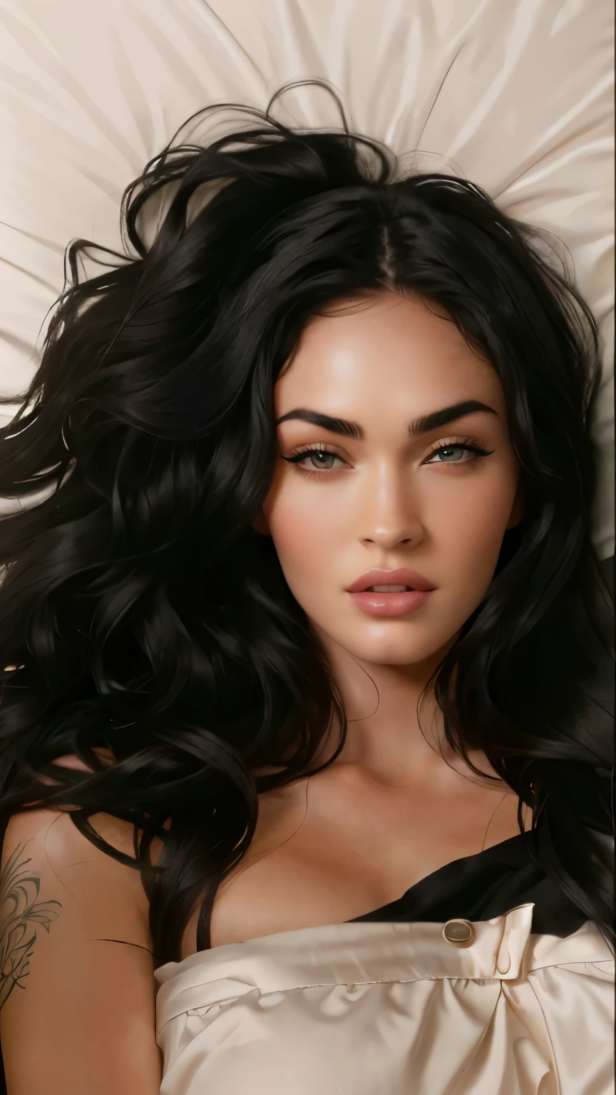 there is a woman with long black hair laying in bed, realistic, skin pale rose by Megan Fox, Madison Beer, Megan Fox, by Madison Beer, High resolution, high Quality, 4K, Details 