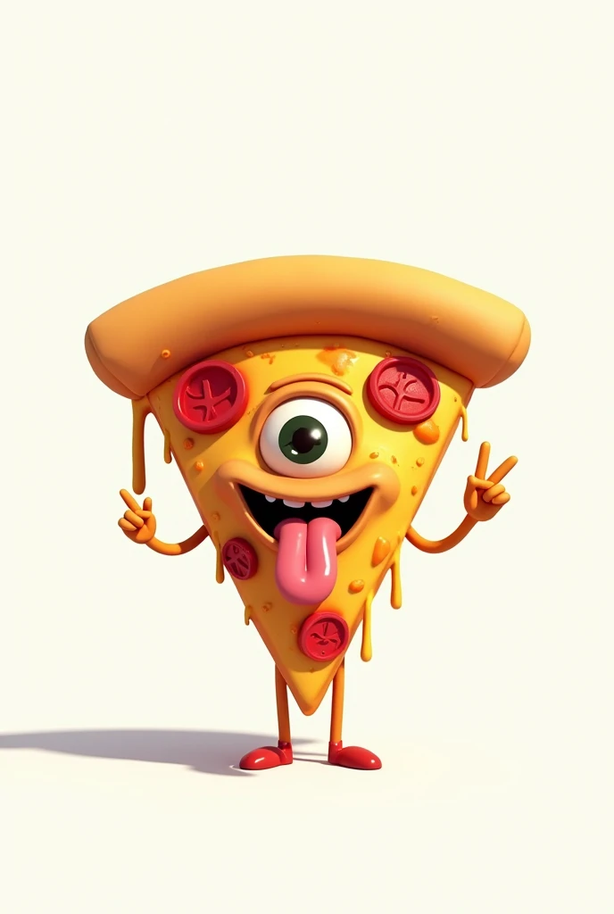 **Slice of CARTOON STYLE animated pizza with a very serene appearance, WITHOUT A MOUTH OR SMILE, just one eye in the center of an inverted triangle with the main vertex pointing up, sticking out a long tongue in a rock style similar to the Rolling Stones logo, with melted cheese. The triangular slice resembles the Illuminati symbol, and in one hand, it is clearly making the "rock horns" or "maloik" gesture.** It looks like a cartoon with a pin-up style, with amazing 4k quality colors, a white background, and well-cast shadows where they need to be. Let it be a standing pepperoni pizza, with melted cheese.
