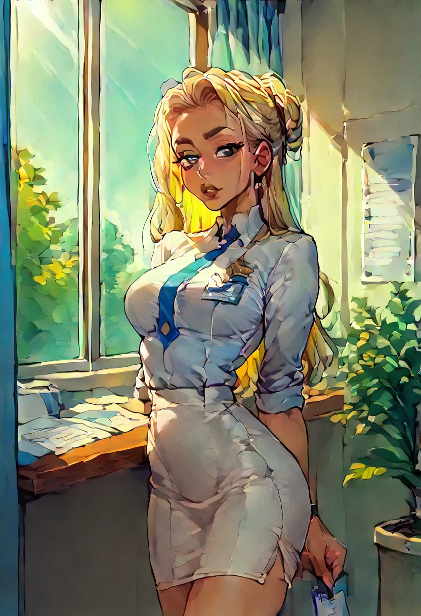 ((best quality),(masterpiece),(detailed),((cute age girl in office secretary uniform)),,beautiful detailed eyes,beautiful detailed lips,extremely detailed face and body,long eyelashes,blonde hair,slim fit secretary outfit,tight skirt,high heels,seductive pose,office interior,sunlight through window,professional lighting)