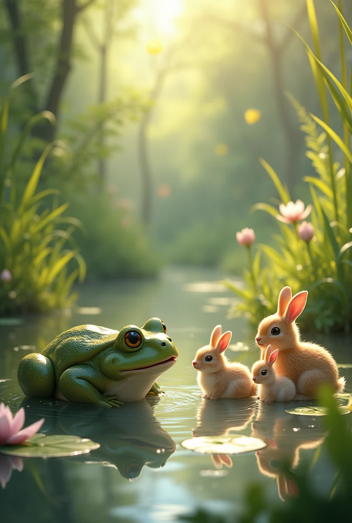  Pond with toad and family of rabbits
