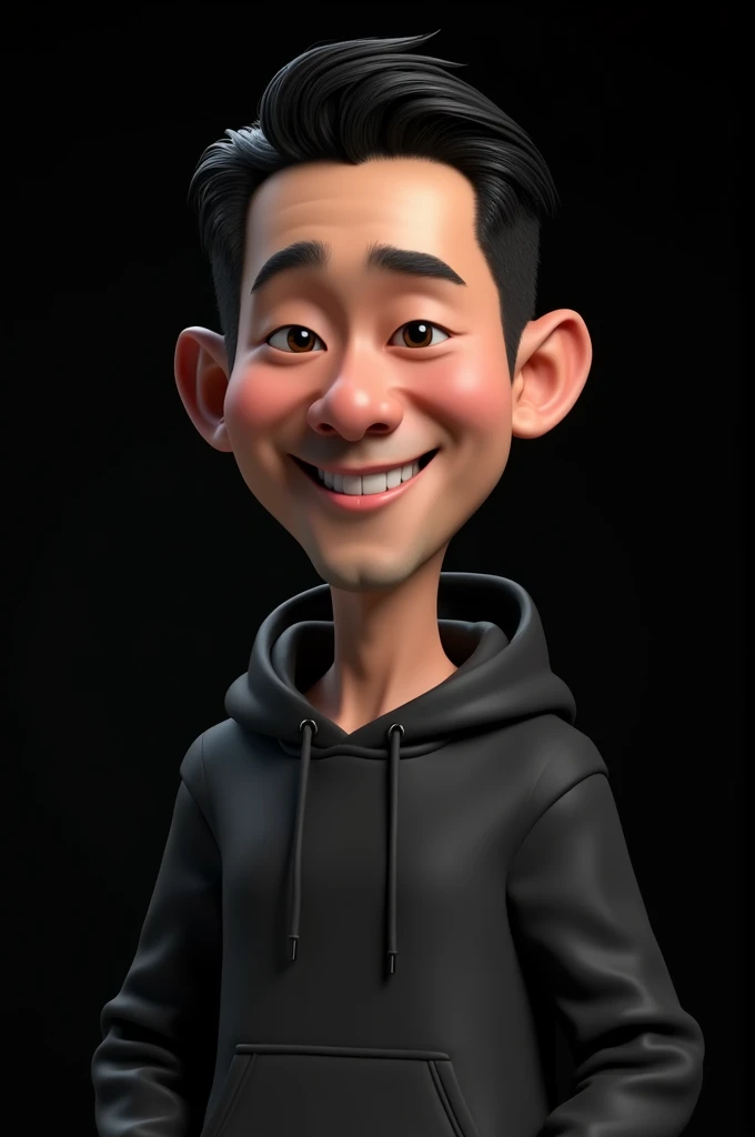 Realistic 3D caricature big head, 30 year old Indonesian man, tall, ideal body, longjong face shape, slightly fat, handsome, narrow eyes, thin smile, wearing a black hoodie, body position clearly visible, black background, use lighting
