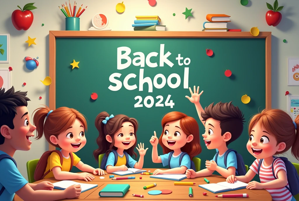 welcome back to school bulletin board, Back to School 2024, celebrating a new school year, A happy, colorful back to school poster, school uniform, backpack, school supplies, blackboard, chalkboard, textbooks, pencils, clean, vibrant colors, warm lighting, dynamic, playful, whimsical, detailed, 4k, high quality, digital painting, vibrant colors, cheerful, energetic, dynamic composition
