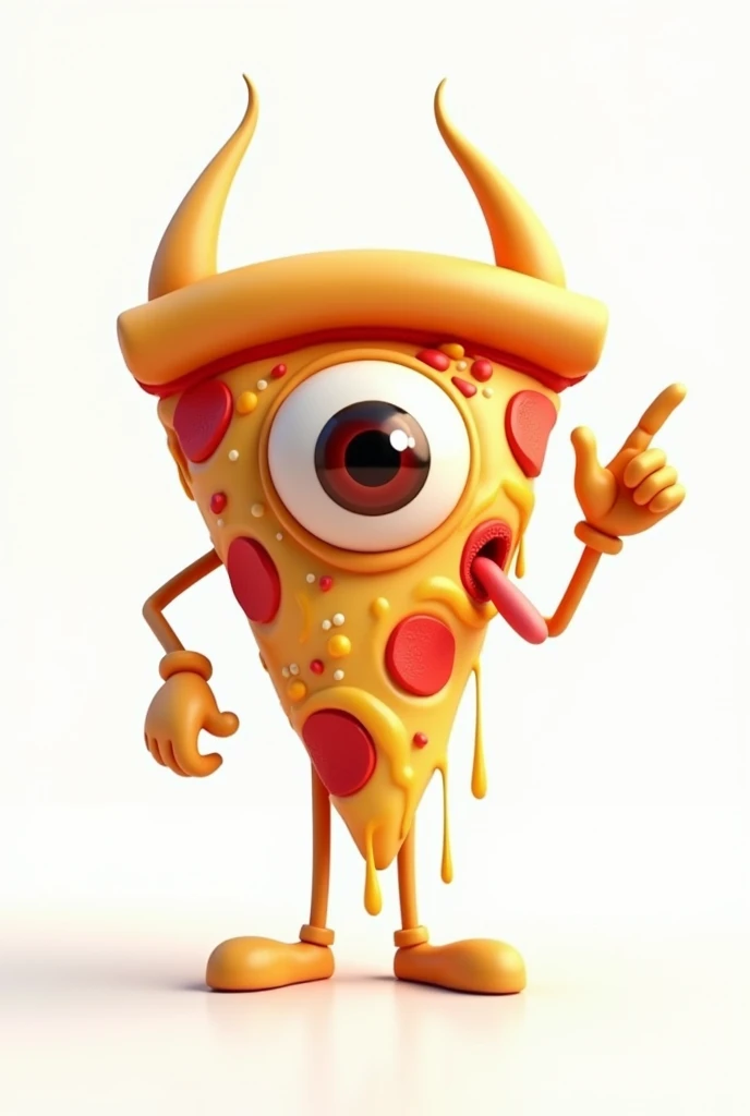 **Slice of CARTOON STYLE animated pizza with a very serene appearance, WITHOUT A MOUTH OR SMILE, just one eye in the center of an inverted triangle with the main vertex pointing up, sticking out a long tongue in a rock style similar to the Rolling Stones logo, with melted cheese. The triangular slice resembles the Illuminati symbol, and in one hand, it is clearly making the "rock horns" or "maloik" gesture.** It looks like a cartoon with a pin-up style, with amazing 4k quality colors, a white background, and well-cast shadows where they need to be. Let it be a standing pepperoni pizza, with melted cheese.