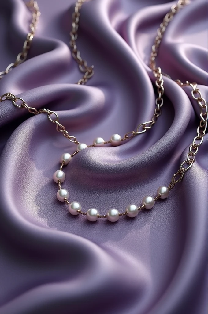 A soft purple, black and white shiny fabric with small pearl necklace and chains on top 3d 