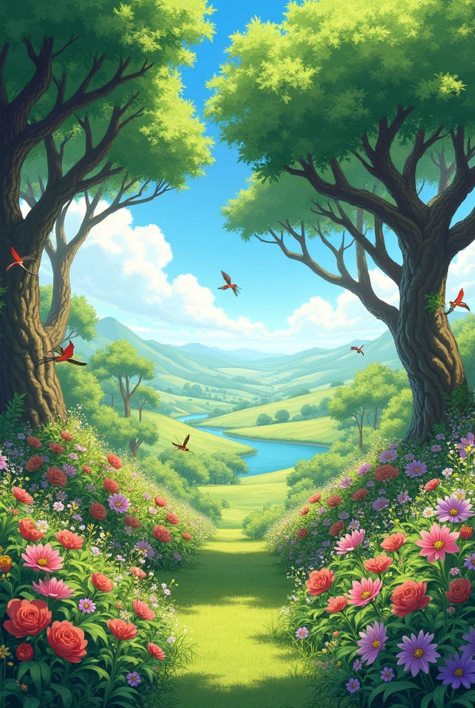 a garden with flowers trees and birds