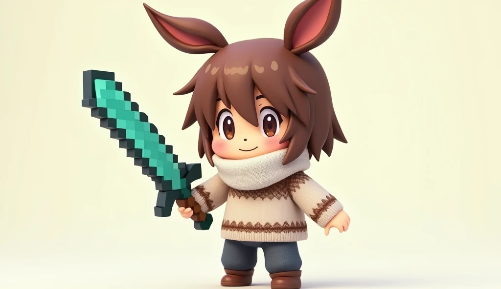 The chibi anime character is wearing a white scarf.、Wearing a white and brown sweater、I'm using a diamond sword from Minecraft。