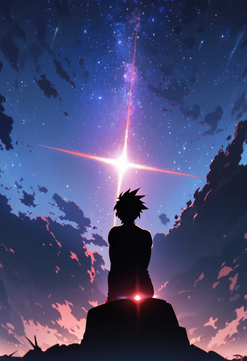Highest quality,masterpiece,Ultra-high resolution,One Boy、Gurren Lagann、simon、Under a star-filled sky、silhouette、Sit back and look up at the sky、I have a small drill、Gainax-like depiction