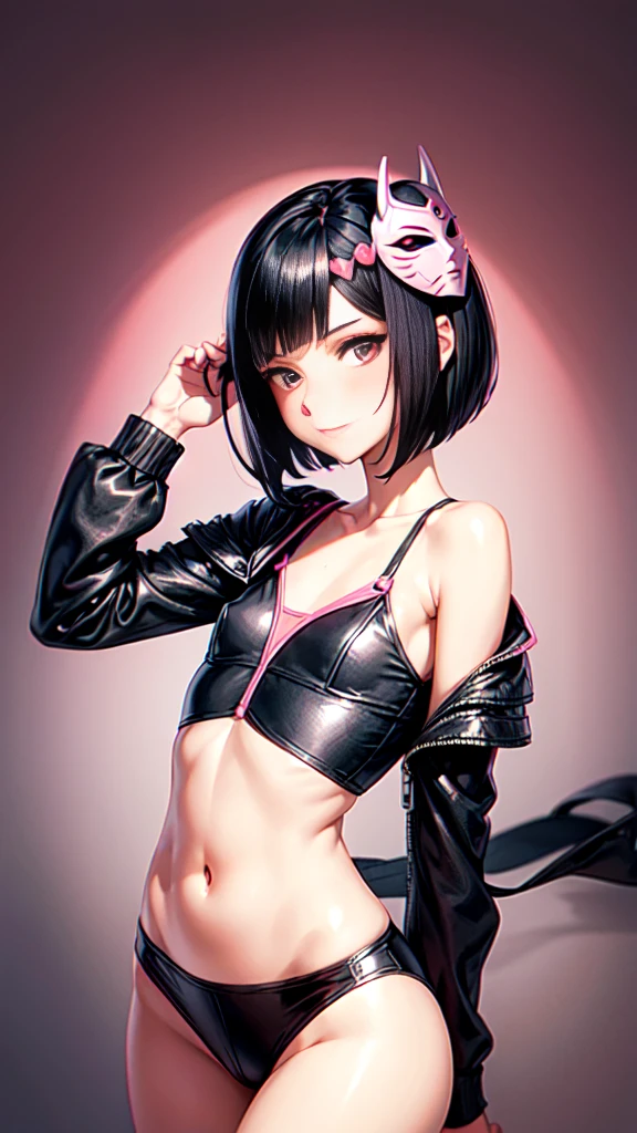 Short skinny Lana, short black hair, (flat chest), slight smile, round butt, (pink heroine covering entire body), bedroom background, (heroine mask)
