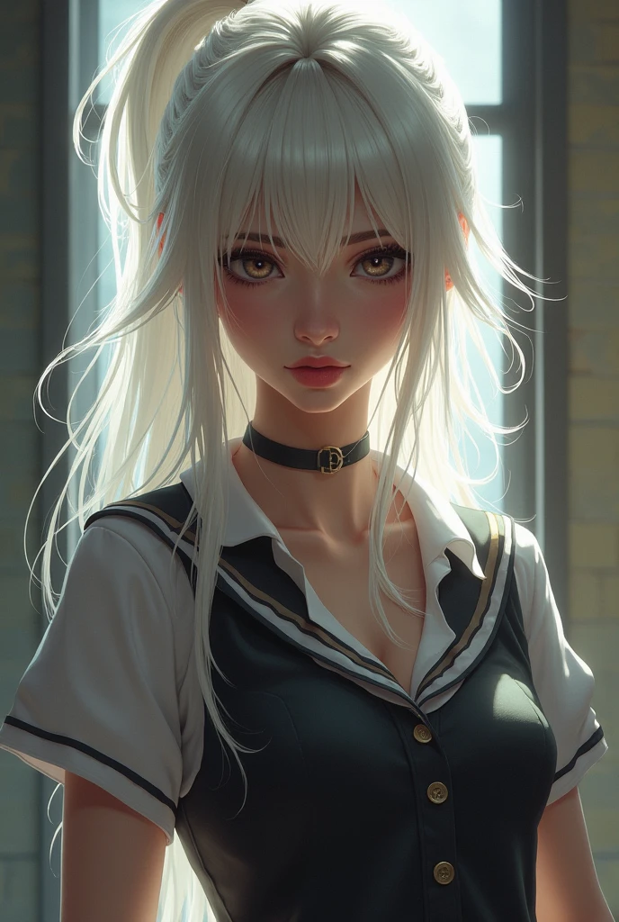 Draw a girl with a lustful face, her three measurements are balanced, not too thin, not too fat, very beautiful, platinum white hair, extremely bright, long hair in a ponytail, wearing a school uniform.