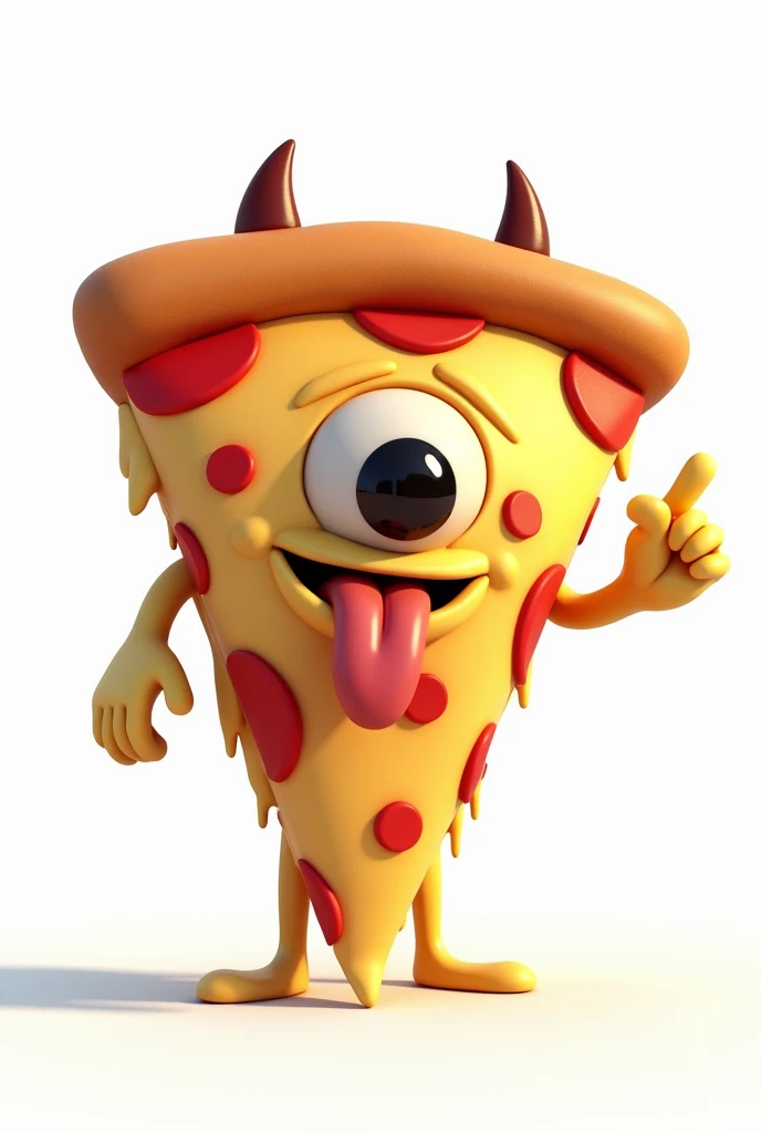 **Slice of CARTOON STYLE animated pizza with a very serene appearance, WITHOUT A MOUTH OR SMILE, just one eye in the center of an inverted triangle with the main vertex pointing up, sticking out a long tongue in a rock style similar to the Rolling Stones logo, with melted cheese. The triangular slice resembles the Illuminati symbol, and in one hand, it is clearly making the "rock horns" or "maloik" gesture.** It looks like a cartoon with a pin-up style, with amazing 4k quality colors, a white background, and well-cast shadows where they need to be. Let it be a standing pepperoni pizza, with melted cheese.