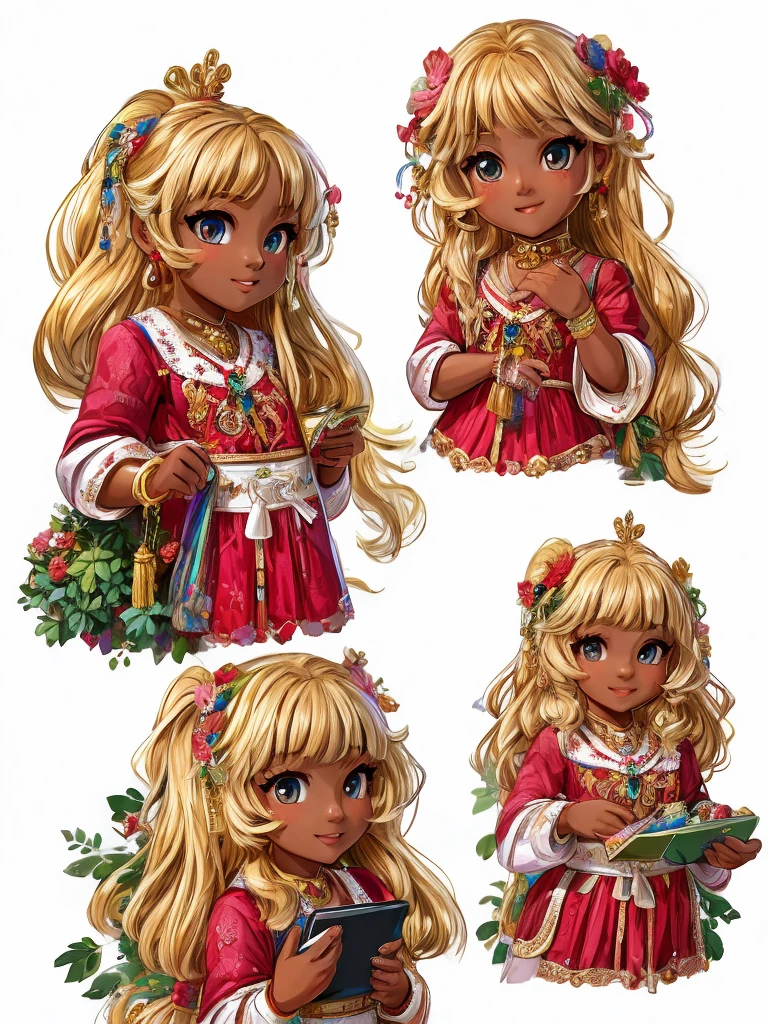 8 year old girl playing in the garden, Various poses with white background, Confident position, styled , brown skin, hair long blonde, no electronic devices or toys, few ornaments,