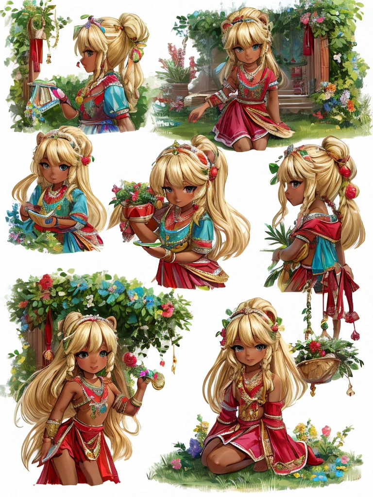 8 year old girl playing in the garden, Various poses with white background, Confident position, styled , brown skin, hair long blonde, no electronic devices or toys, few ornaments,