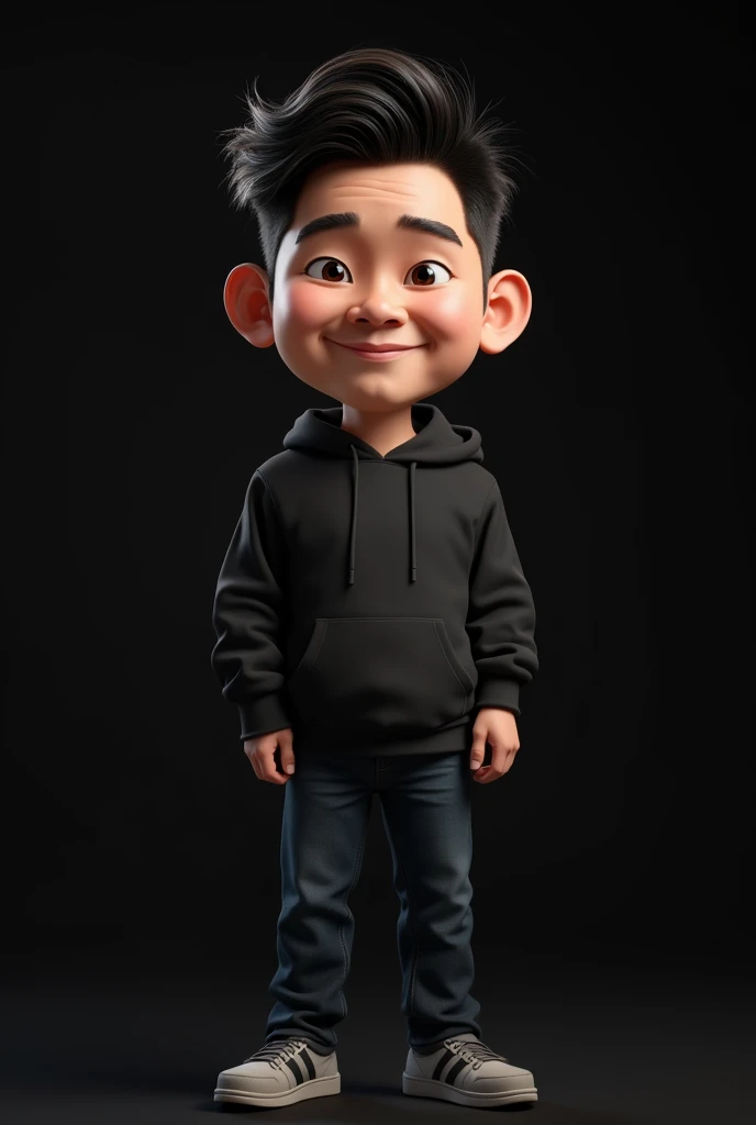 Realistic 3D caricature big head, 30 year old Indonesian man, tall, ideal body, longjong face shape, slightly fat, handsome, narrow eyes, thin smile, wearing a black hoodie, body position clearly visible, black background, use lighting
