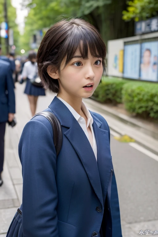 ((Highest quality, masterpiece :1.3)), Realistic、Ultra-high resolution、Natural skin texture、Hyperrealism、Nearby Movies、Beautiful Japanese girl、Angry expression、Shibuya Ward、Small breasts、発達していないFlat Chest、Flat Chest、Pixie Haircut、Navy blue blazer school、Full body angle