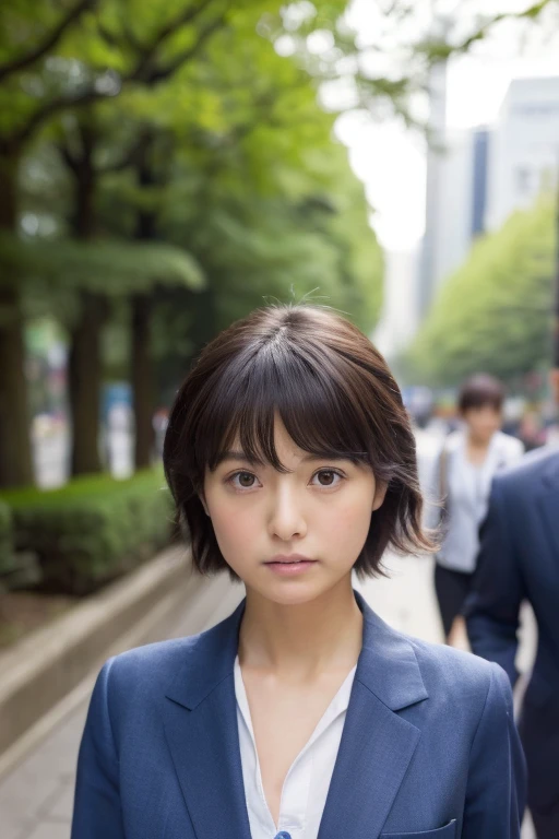 ((Highest quality, masterpiece :1.3)), Realistic、Ultra-high resolution、Natural skin texture、Hyperrealism、Nearby Movies、Beautiful Japanese schoolgirl、Angry expression、Shibuya Ward、Small breasts、発達していないFlat Chest、Flat Chest、Pixie Haircut、Navy blue blazer school、Full body angle