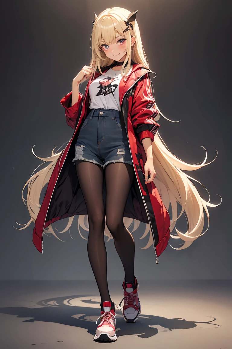((1 girl)), fine, Grin, Latest Fashion Trends, (Hairpins in the bangs), younger sister, sneakers, Denim shorts, Black Pantyhose, かわいいyounger sister, Full Body,((Very detailed,Highest quality, High resolution, 8k wallpaper, Beautiful clothes,)),((blonde, Long Hair,Straight hair)), blush , (Crimson Eyes),eye shadow, eyeliner,Glow Eye, Very detailedな目, Beautiful Eyes, , Accurate anatomy