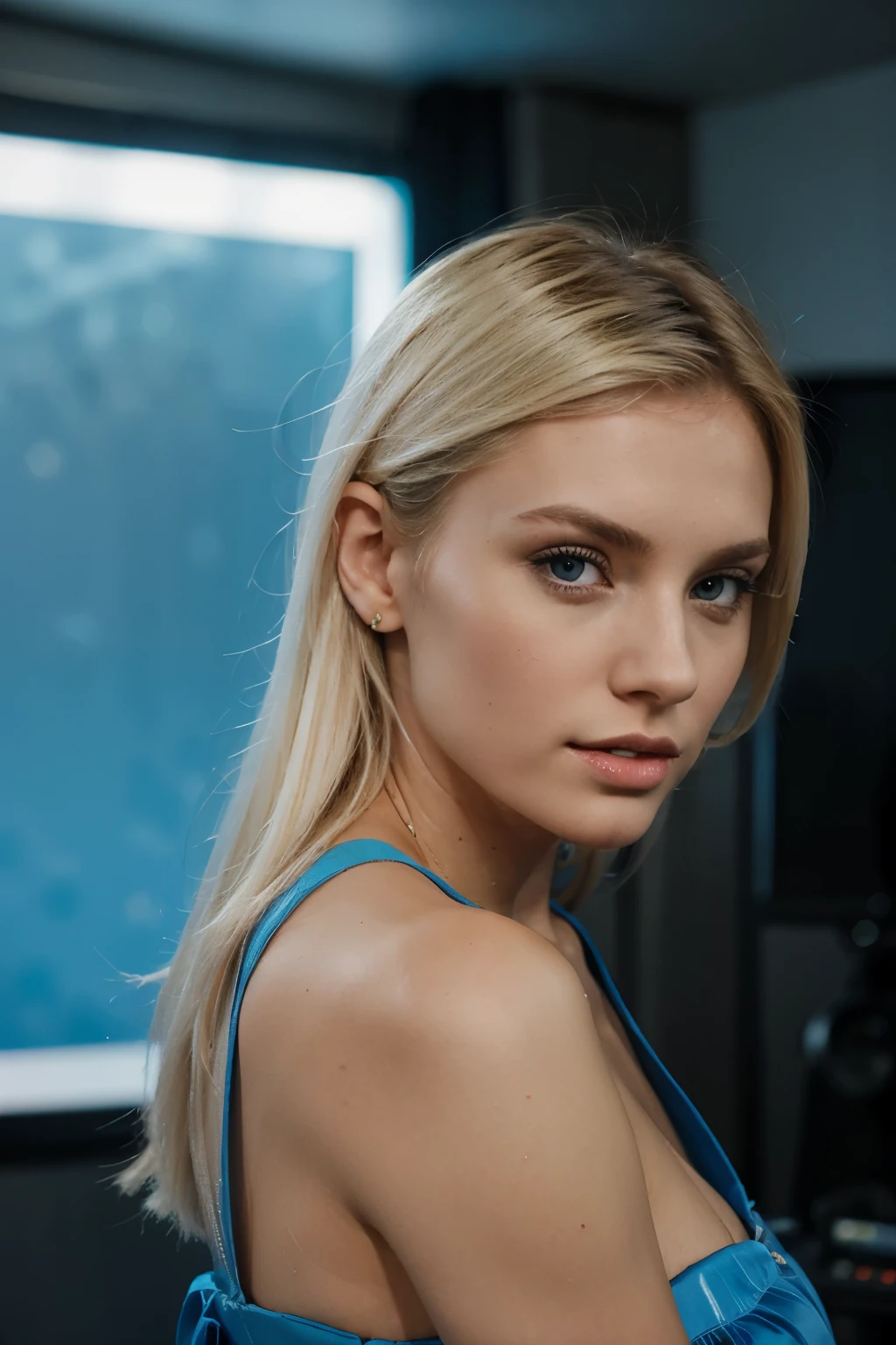 White Blonde girl with sharp jaw line wearing a blue dress in a studio