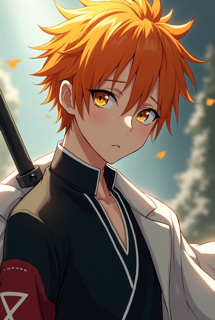 I want you to make a 16 year old boy with orange hair and yellow eyes with clothes from Bleach, the Soul Reaper anime. I want him to wear Ichigo's clothes. I want him to be really cute like a kid.