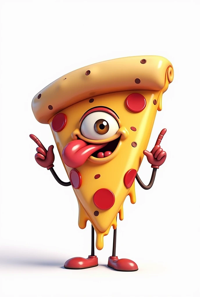 **Slice of CARTOON STYLE animated pizza with a very serene appearance, WITHOUT A MOUTH OR SMILE, just one eye in the center of an inverted triangle with the main vertex pointing up, sticking out a long tongue in a rock style similar to the Rolling Stones logo, with melted cheese. The triangular slice resembles the Illuminati symbol, and in one hand, it is clearly making the "rock horns" or "maloik" gesture.** It looks like a cartoon with a pin-up style, with amazing 4k quality colors, a white background, and well-cast shadows where they need to be. Let it be a standing pepperoni pizza, with melted cheese.