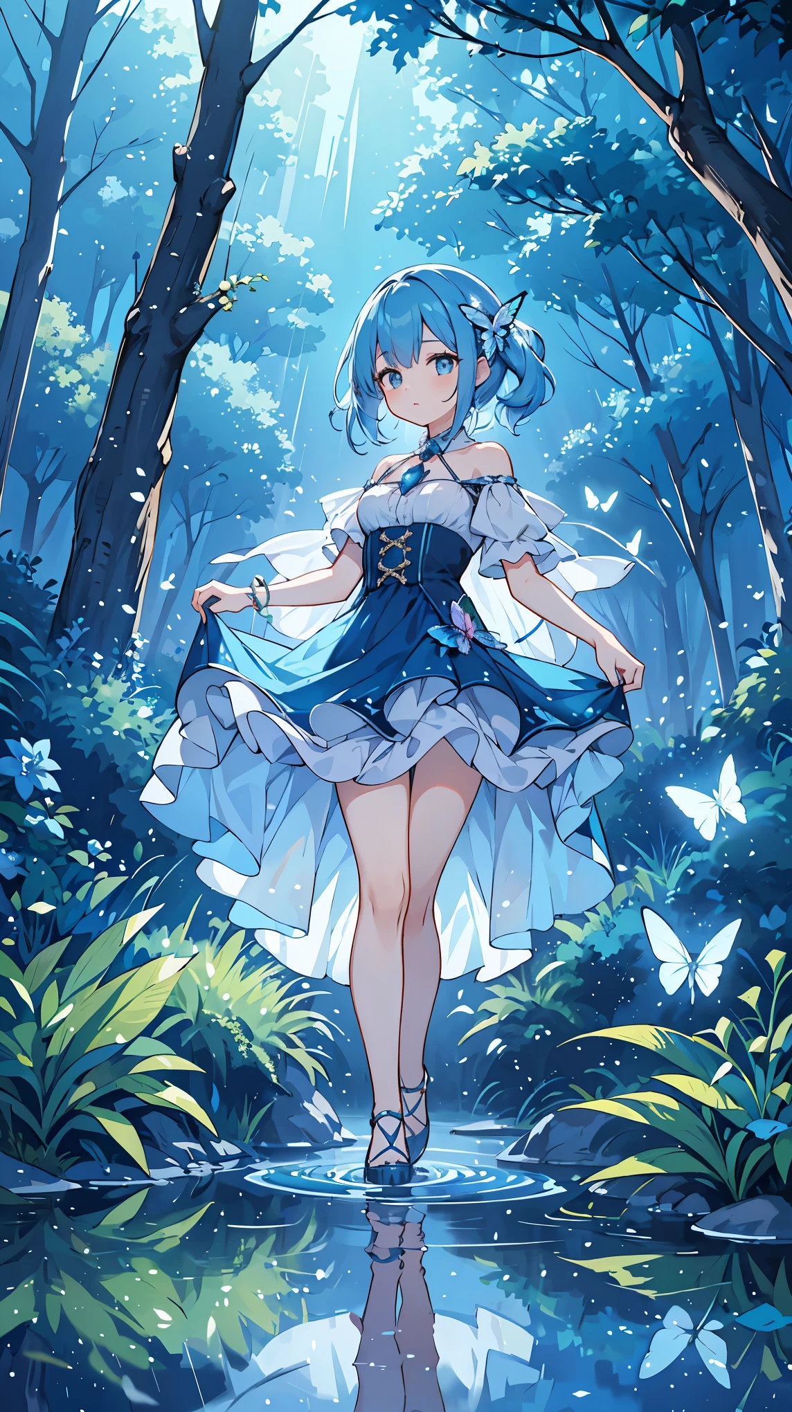 Girl 1, shiny blue hair, walking in water, lifting dress with hand, magic forest, magic lake, butterflies, at night, best quality, very detailed, high resolution, detailed wallpapers