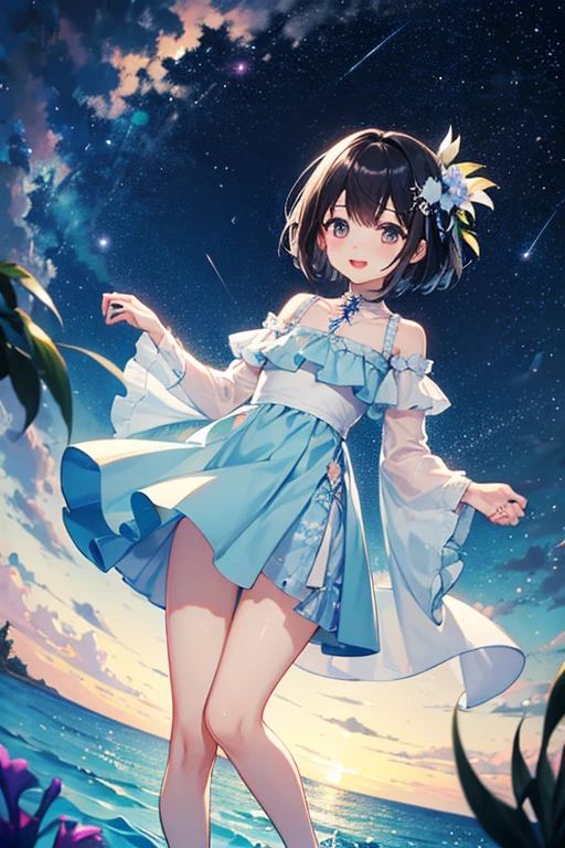 Highest quality、Black Hair、Iris、short hair、、cute、、、Small hair ornament、1 person、Sea of stars、Milky River、Night Sky、stroll、A happy look、