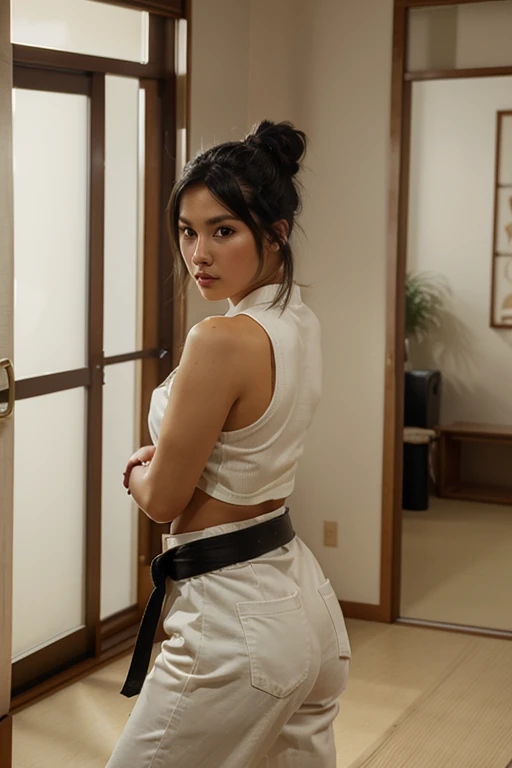 1 girl, solo, looking at viewer, black hair, hair ornament, brown eyes, indoors, hair bun, lips, realistic, white pants, nose, tatami, sliding doors, martial arts belt, kissing