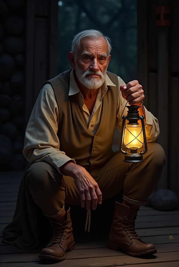 Give me a picture of an old man sitting with a lantern in his hand.